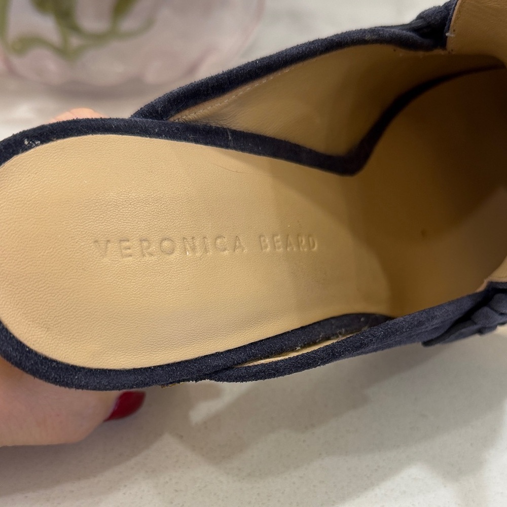 Veronica Beard Navy Suede Mules with Gold Accents - Picture 4 of 11